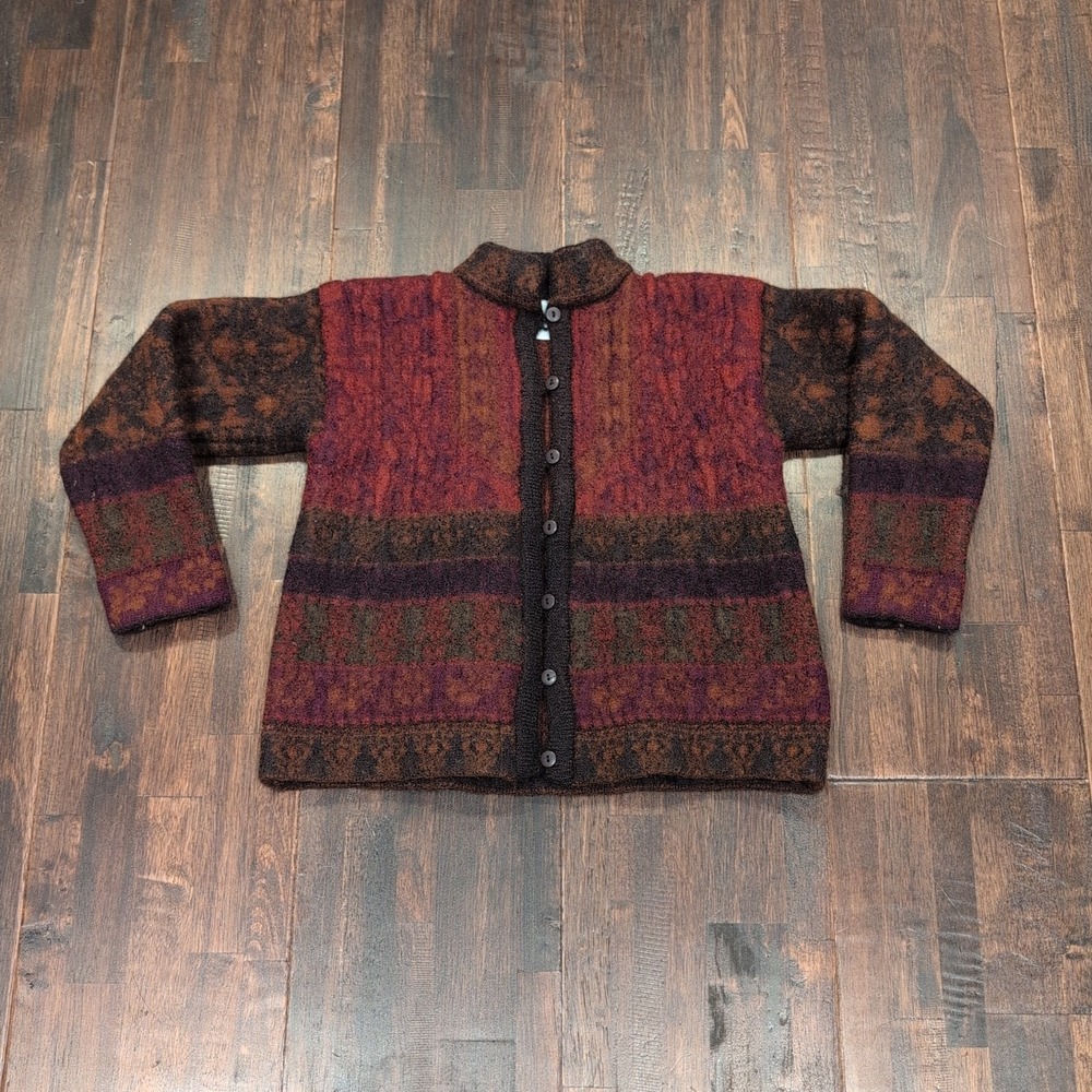 Vintage Felted Wool Cardigan Sweater Red Brown Thick Women's XS Button Front 80s